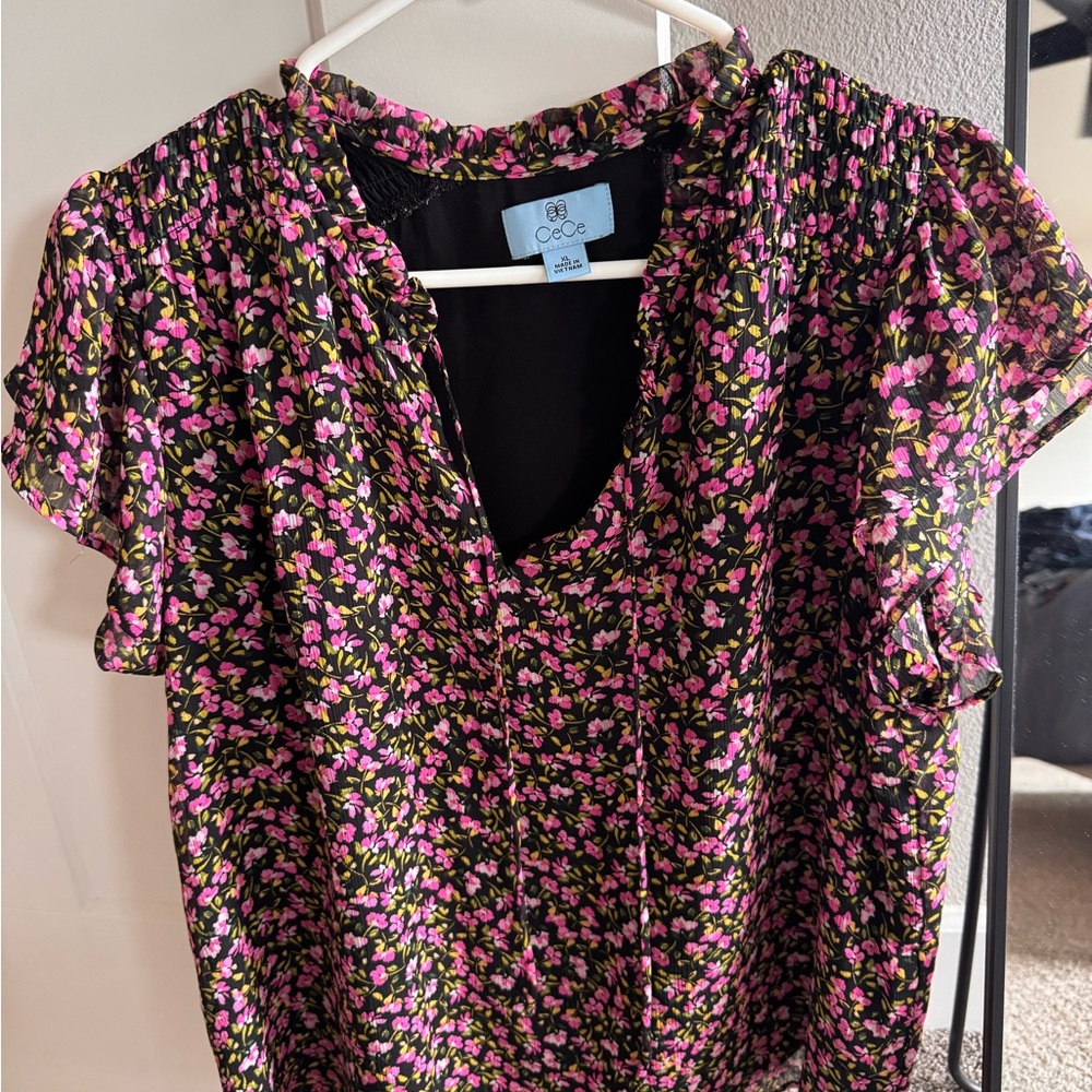 CeCe Black Blouse with Pink Floral Print